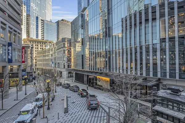 a city view with tall buildings
