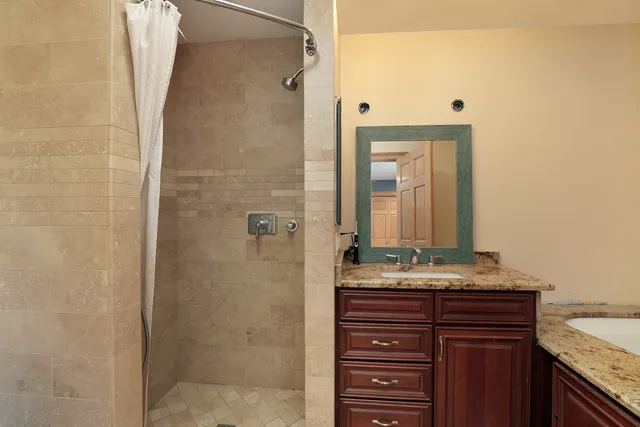 a bathroom with a granite countertop sink a mirror and shower