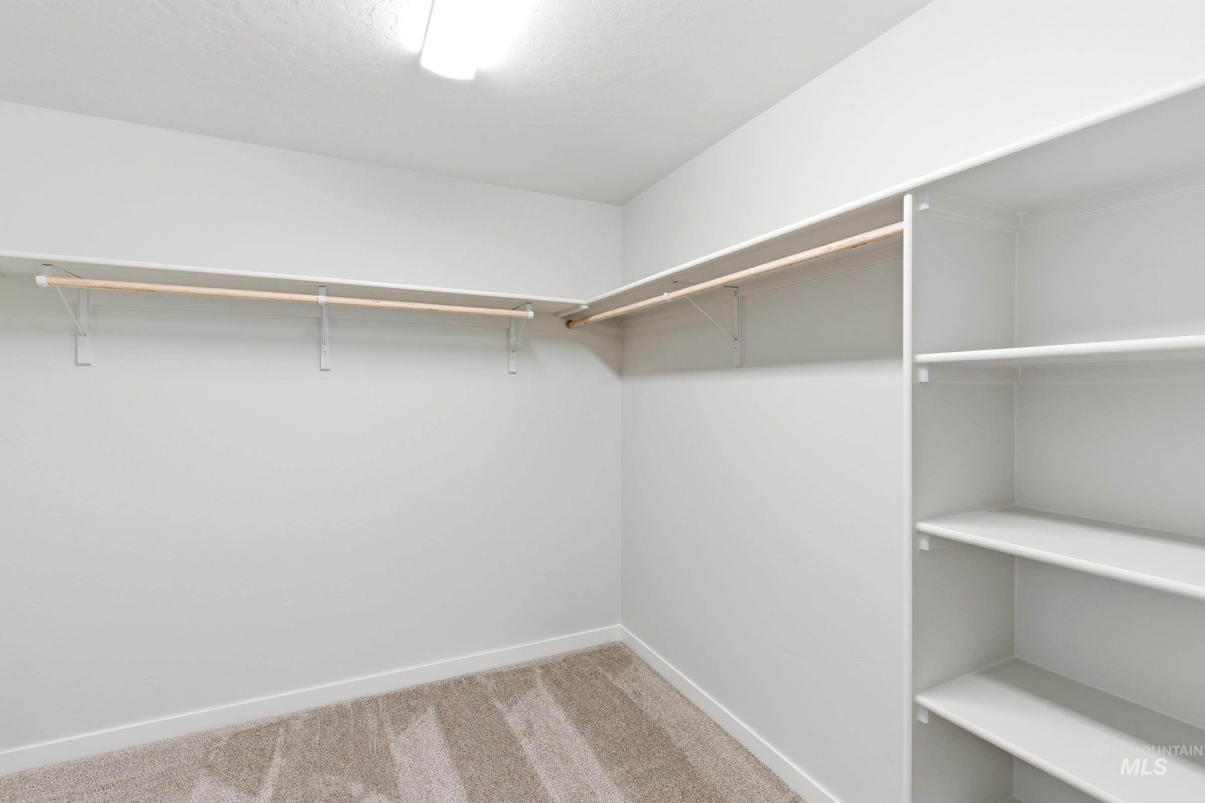 12829 Decatur Street Nampa, ID 83651 - Photo 29 of 33 Spacious closet with built-in shelving, dual hanging rods, light-toned carpeting, white baseboards, and overhead lighting