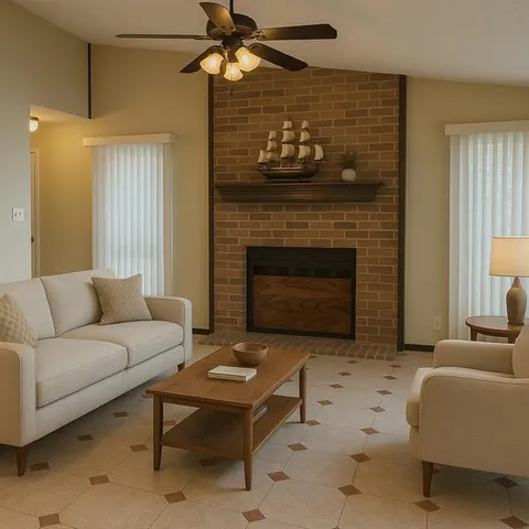 a living room with furniture and a fireplace