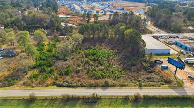 a view of a city with lush green forest