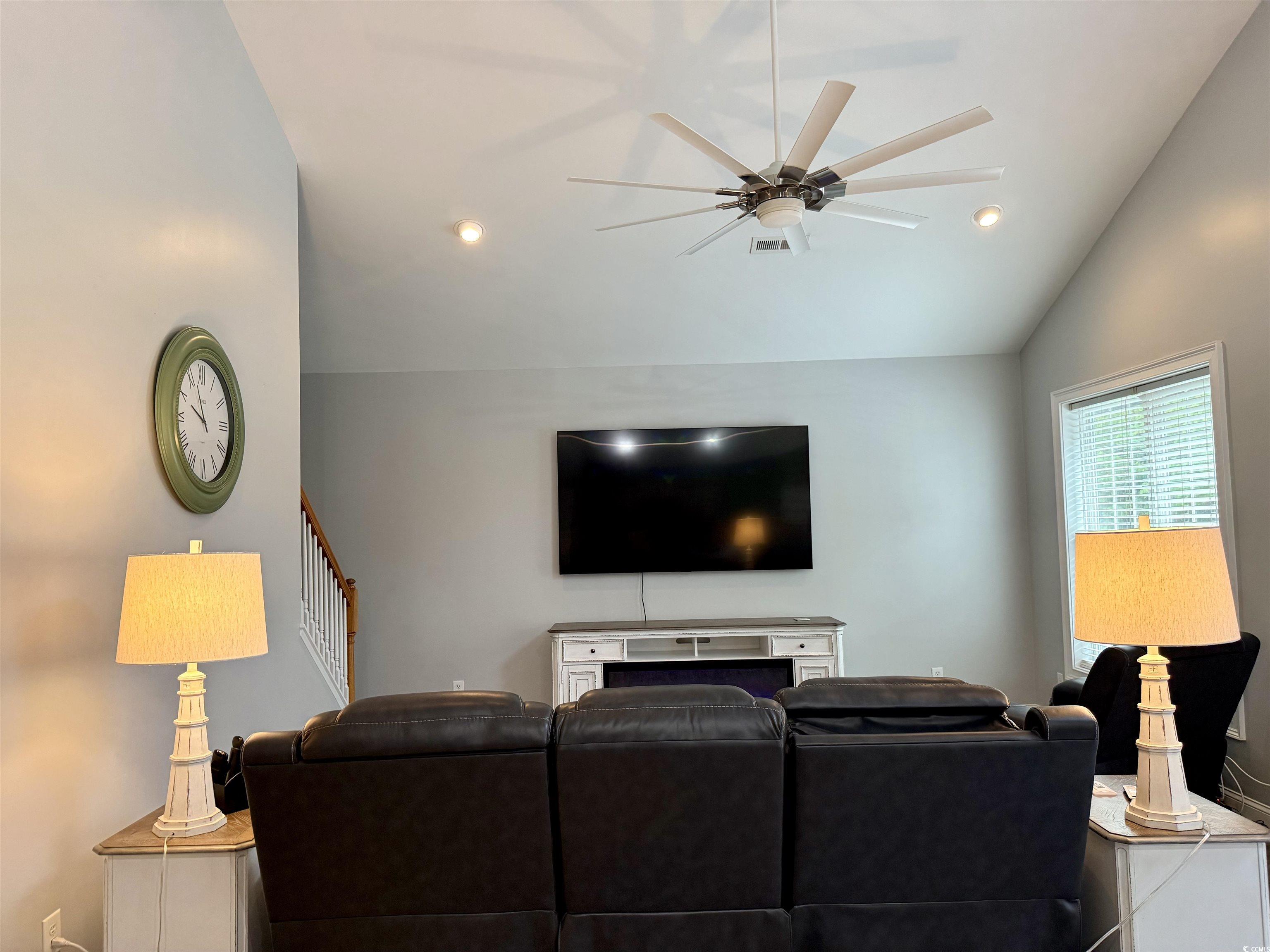 118 Georges Bay Road Murrells Inlet, SC 29576 - Photo 6 of 39 Living area featuring vaulted ceiling, a ceiling fan, and recessed lighting