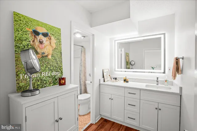 a bathroom with a granite countertop sink mirror vanity and toilet