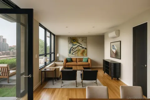 a living room with furniture and a floor to ceiling window