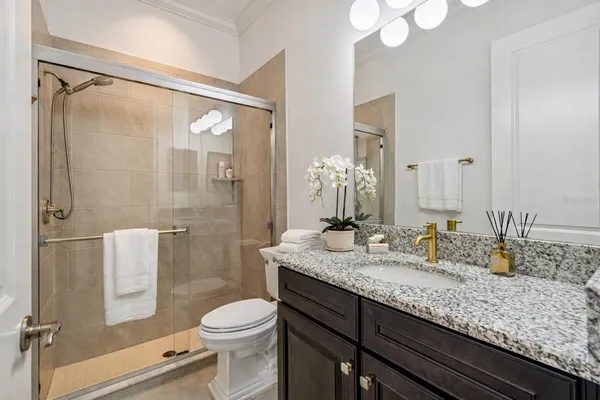 a bathroom with a granite countertop sink toilet and shower