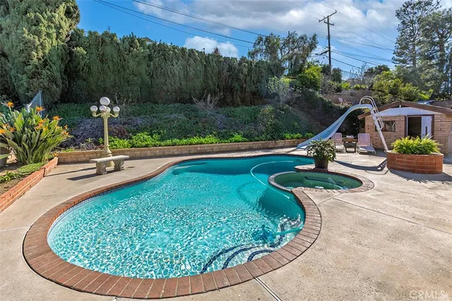 a view of a swimming pool with a yard and plants