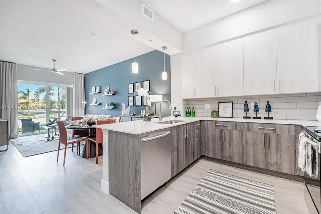 a kitchen with kitchen island granite countertop a sink and counter top space