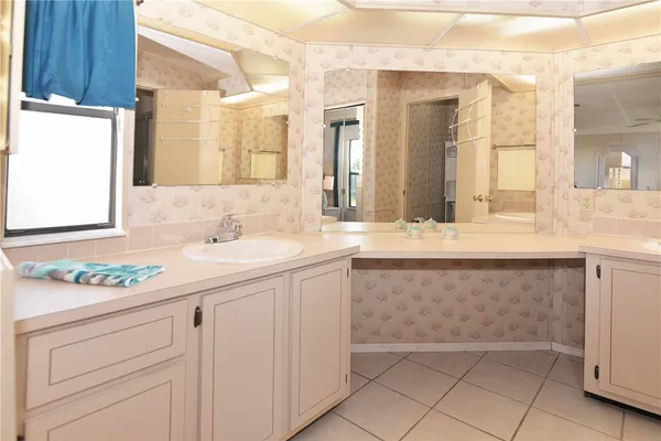 a bathroom with a sink and a mirror