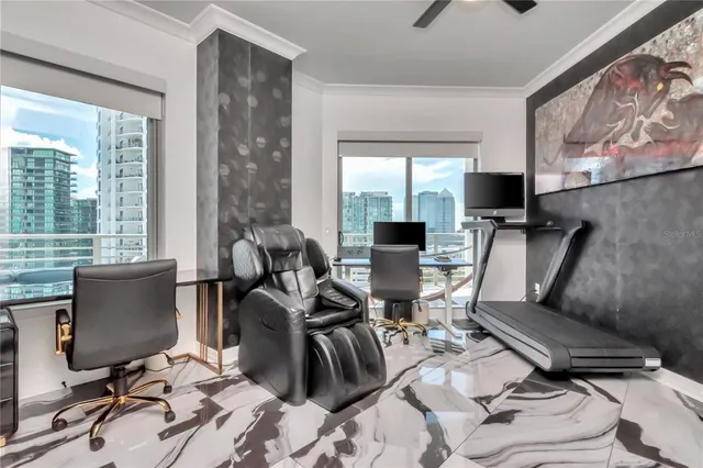 a view of a balcony with a bench