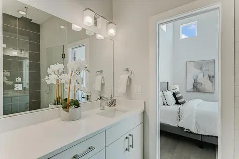 a bathroom with a sink a mirror and a shower