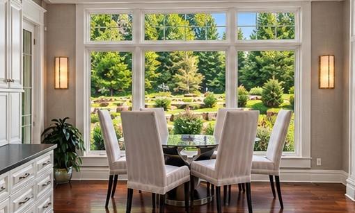 435 Myoma Road Mars, PA 16046 - Photo 15 of 50 Light-filled dining area surrounded by windows, offering peaceful views of the landscaped grounds.