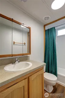 a bathroom with a sink a toilet and mirror