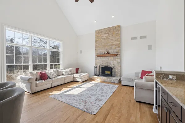 a living room with furniture or couch and a fireplace