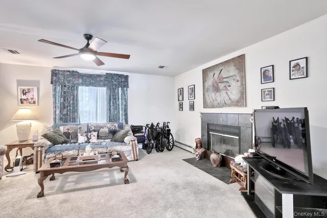 a living room with furniture a flat screen tv and a fireplace