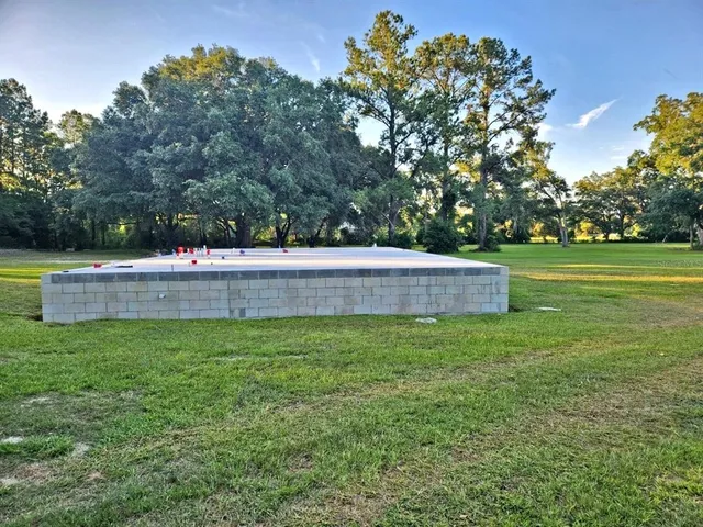 a backyard of a house with a yard and palm trees