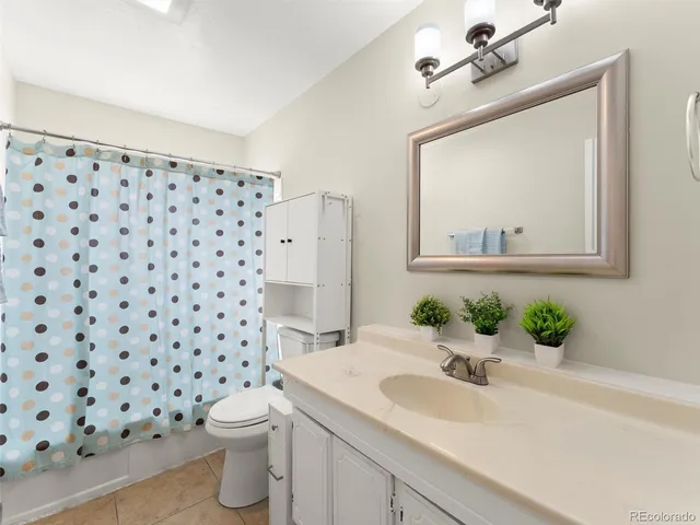 a bathroom with a sink a toilet a mirror and shower curtain