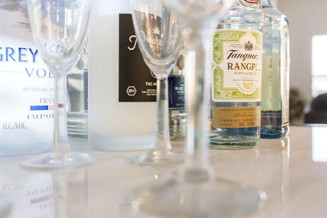 a living room with furniture and kitchen view