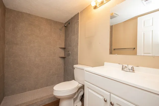 a bathroom with a sink a toilet and a mirror