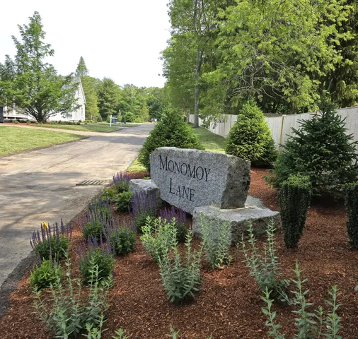 a view of a garden with an outdoor seating
