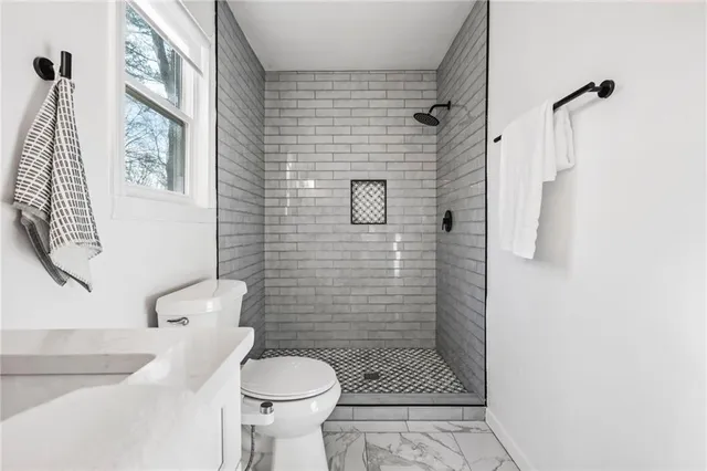 a bathroom with a shower and toilet