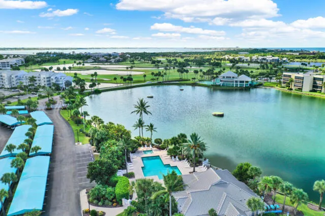 a view of a lake with a city