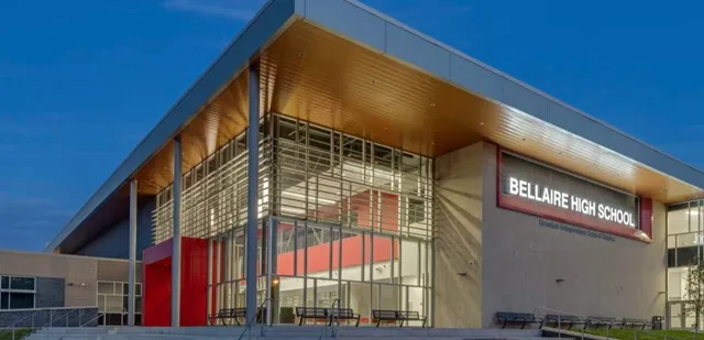 a view of a building with a street