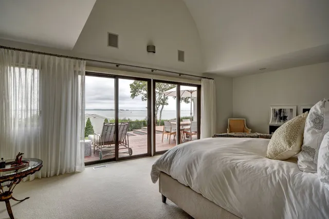 a spacious bedroom with a bed and a large window