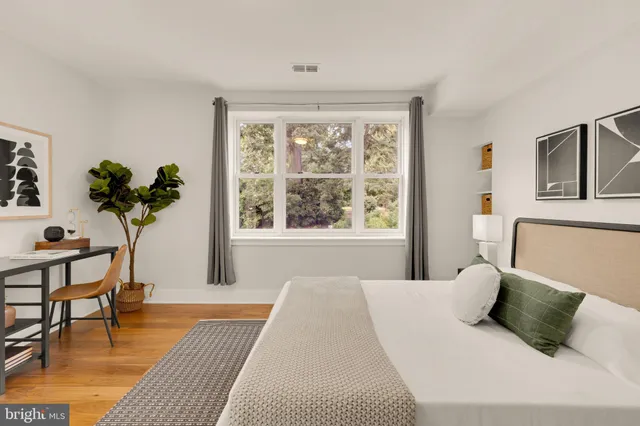 a bedroom with a large bed and a potted plant