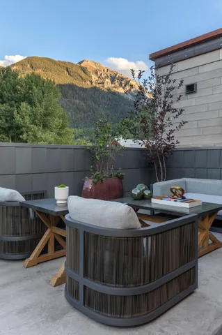 a view of a dining room with furniture