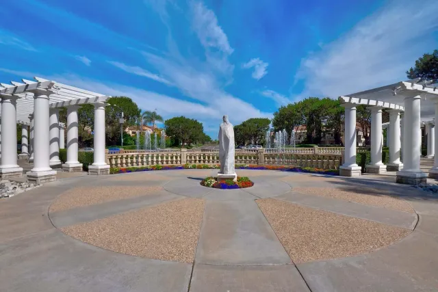 a garden view with a seating space