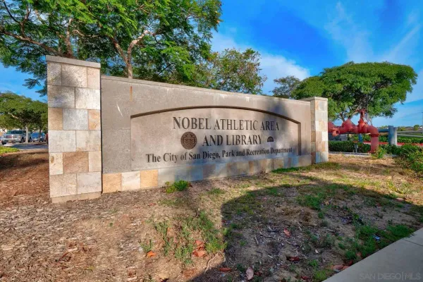 a view of a park with large trees
