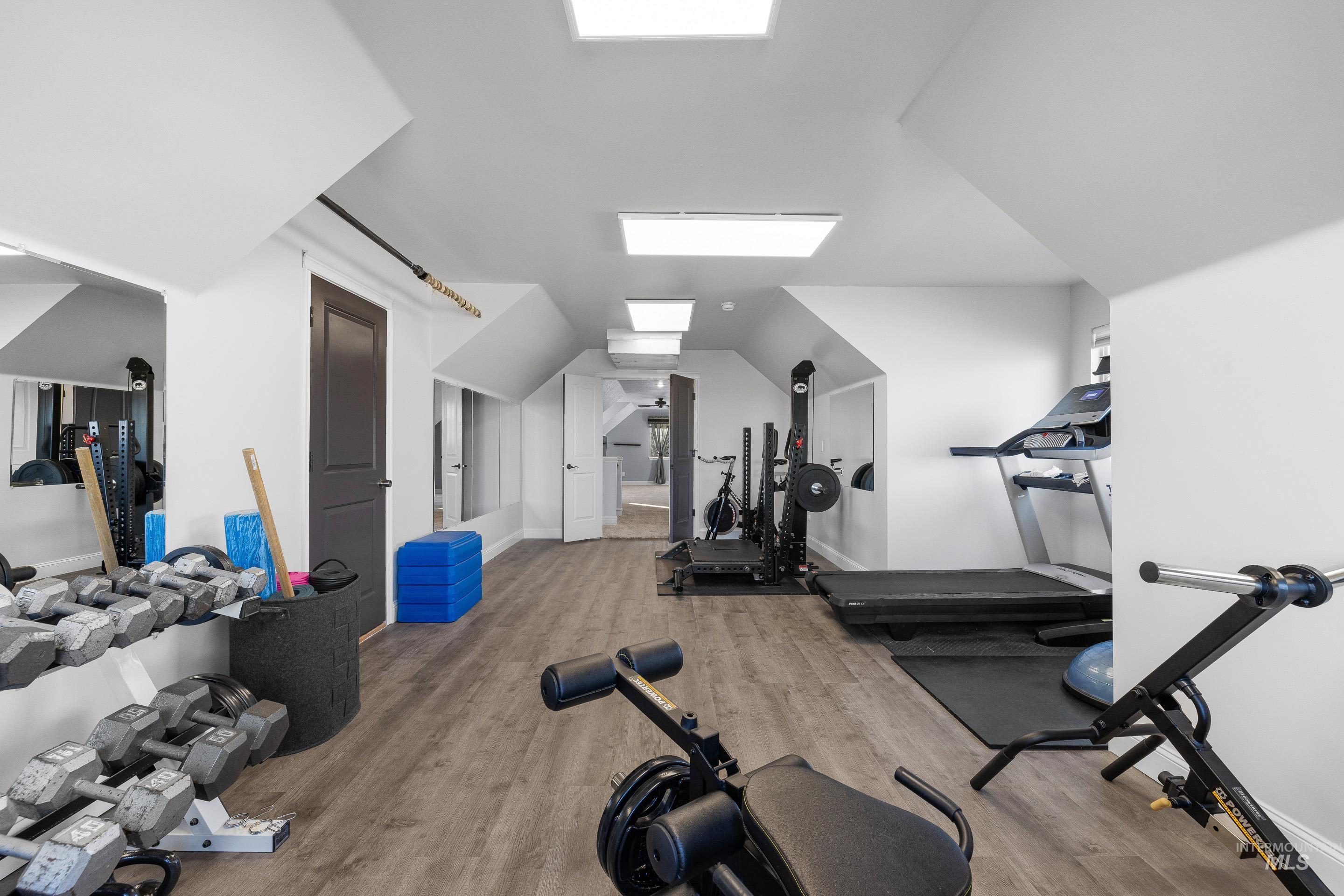 2208 East Sicily Street Meridian, ID 83642 - Photo 37 of 50 Exercise area with wood finished floors, a skylight, and lofted ceiling