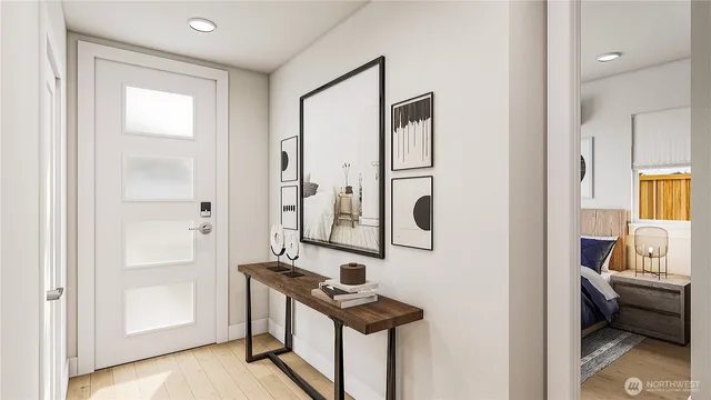 a view of a room that has a bench in it