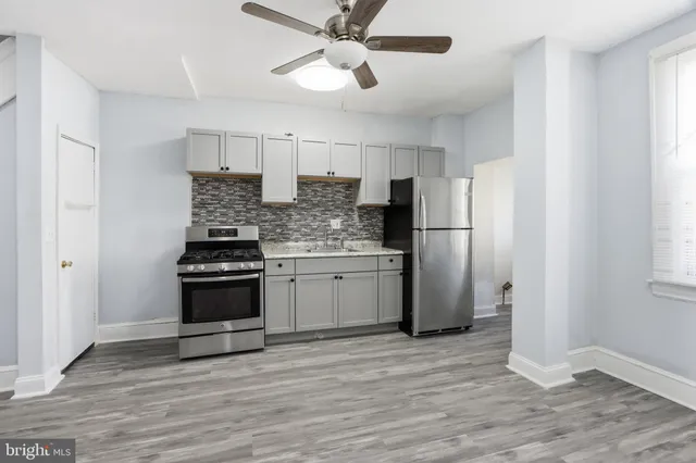 a kitchen with stainless steel appliances a stove and refrigerator