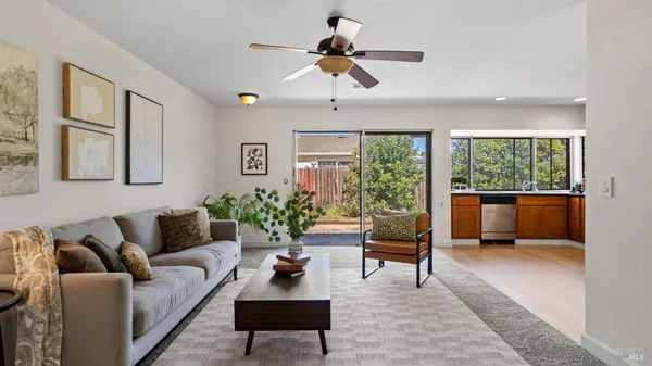a living room with furniture a fireplace and a potted plant