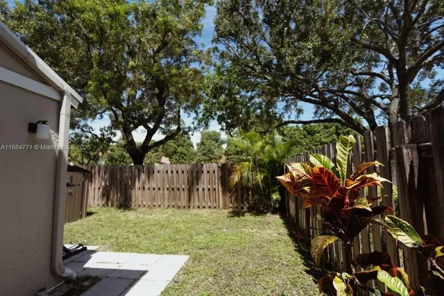 a view of a yard with plants and trees