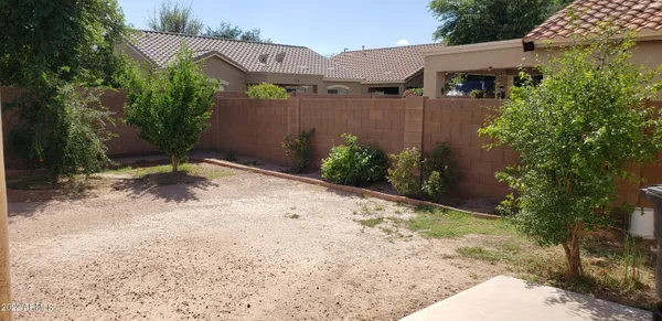a backyard of a house with plants and trees