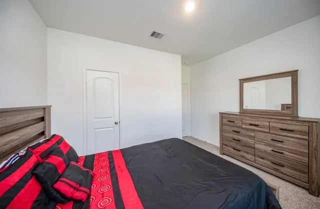 a bedroom with a bed and a dresser