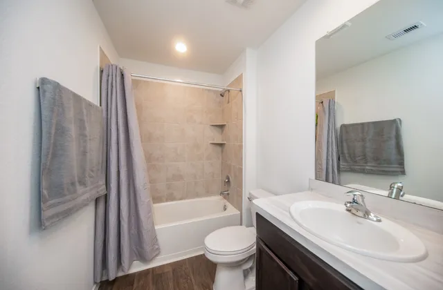 a bathroom with a sink toilet and shower