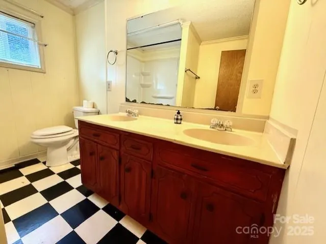 a bathroom with a double vanity sink mirror and toilet