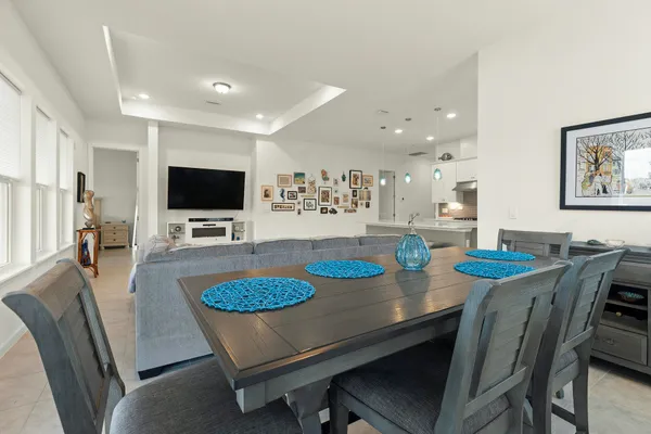 a view of a dining room with furniture