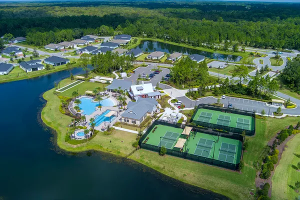 a aerial view of a house with outdoor space pool lawn chairs and large trees
