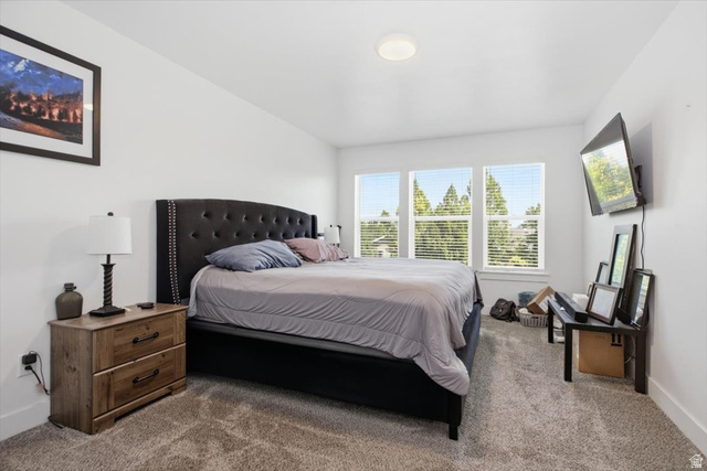 1213 West 1820th Street South Logan, UT 84321 - Photo 9 of 18 Bedroom featuring large windows with blinds, wall-to-wall carpeting, and a flush-mount ceiling light fixture