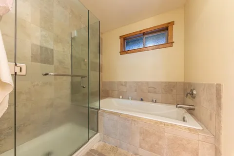 a bathroom with a bathtub and a shower
