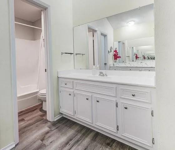 a spacious bathroom with a granite countertop sink and a mirror
