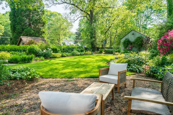 a view of a backyard with couches plants and large tree