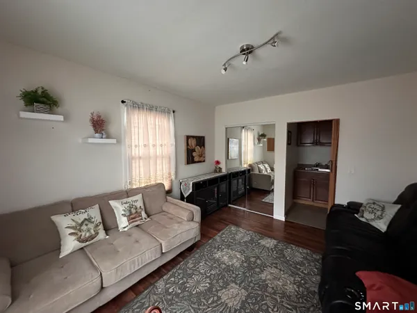 a living room with furniture and a rug