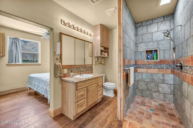 a bathroom with a granite countertop sink a toilet and shower