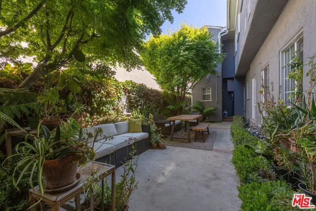 a view of backyard with outdoor seating and plants