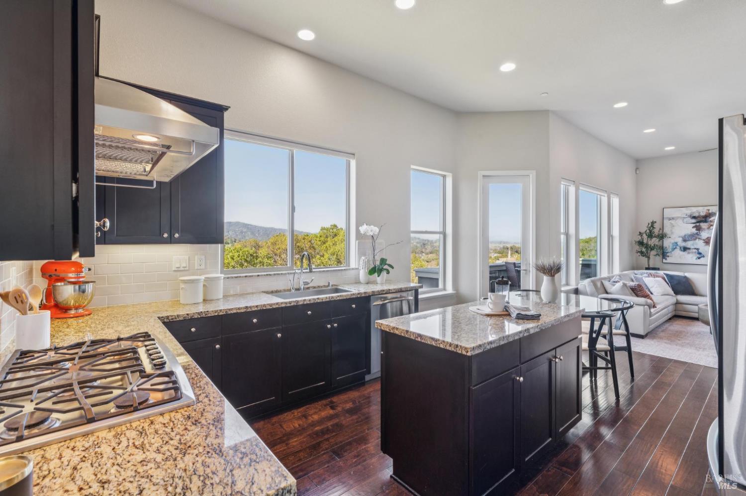 9 Edgehill Way San Rafael, CA 94903 - Photo 26 of 69 a large kitchen with kitchen island granite countertop a large counter top stainless steel appliances a sink and living room view